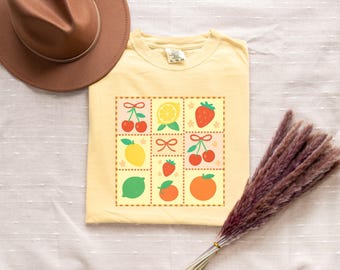 Vibrant Fruit Grid T-Shirt, Retro Strawberry Lemon Cherry Design