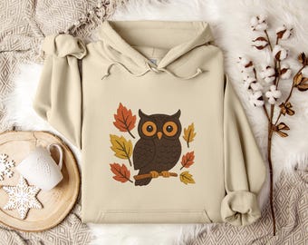 Owl Fall Hoodie Sweatshirt, Faux Embroidered Look