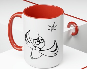 Owl Soaring into the Future, Two-Tone Coffee Mugs, 15oz, Unique Owl Design, Whimsical Gift, Coffee Lover, Owl Enthusiast