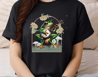 Frosch spielt ein Banjo-T-Shirt, botanischer Naturliebhaber, Komfortfarben-T-Shirt, rustikale Vibes