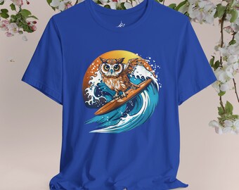 Surfing Rad Owl Tee: Retro Sunset Vibes on Royal Blue, Birthday Gift, Owl Lovers, Vintage Design