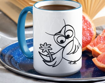 Owl's Quest for Joy Two-Tone Coffee Mugs, 15oz, Perfect for Owl Lovers, Whimsical Drawings, Coffee Enthusiast