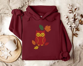Owl Fall Hoodie: Autumn Leaves, Cozy Faux Embroidered Looking Unisex Pullover