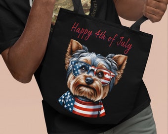 Yorkshire Terrier 4th of July Tote: Patriotic Pup with US Flag Glasses! Dog Lovers, Happy Independence Day, Pet owners