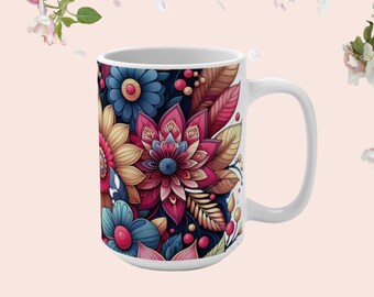 Blooming Berries: Vibrant Floral All-Over Design on 11 & 15 oz Mugs, Perfect for Mother's Day, Birthday Gift