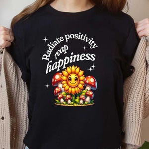 Happy Sunflower & Mushroom T-Shirt: Botanical Cottagecore Tee