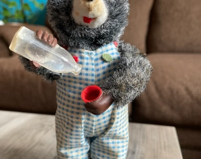Jouet Mécanique Ancien – Ours Thirsty Bear Buvant Du Lait, Tôle, Avec Boîte