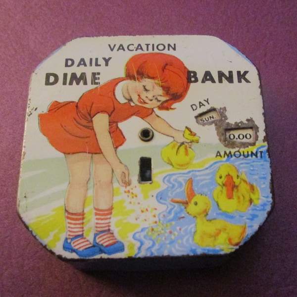 Vacation Daily Dime Register Bank - Kalon Mfg. Corp. - Girl feeding ducks