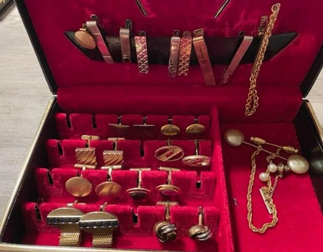Vintage Men's Jewelry Box Filled With Cufflinks, Tie Bard and Tacks