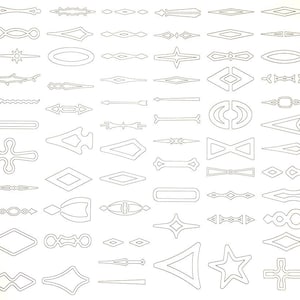 May include: A grid of decorative line art designs, including arrows, diamonds, stars, and other geometric shapes. The designs are outlined in black on a white background, suitable for various creative projects.