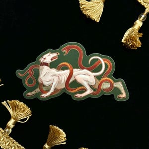 Guinefort and the Viper | Glossy Metallic Gold Vinyl Sticker | Greyhound | Sighthound | Saint Guinefort | Medieval