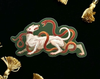 Guinefort and the Viper | Glossy Metallic Gold Vinyl Sticker | Greyhound | Sighthound | Saint Guinefort | Medieval