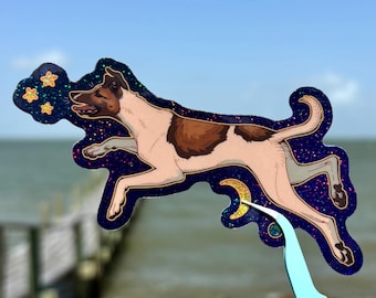 Laika the Space Dog Among the Moon and Stars | Glossy Glitter Vinyl Sticker