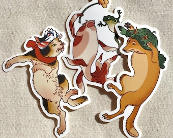 Ukiyo-e Japanese Dancing Animals - Matte Vinyl Sticker | Kitsune | Neko | Kingyo | Fox | Cat | Goldfish | Japanese Mythology