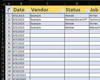 May include: A spreadsheet with a yellow header row and blue text. The spreadsheet is titled "JobHunt Application Tracker". The spreadsheet has columns for date, vendor, status, job type, website link, location, tasking, costs, contact, app status, and disposition.