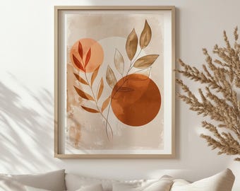 Impression d'art murale minimaliste en terre cuite abstraite avec fleurs