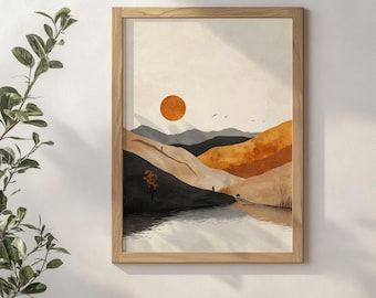 Terracotta Mountain Landscape Print, Japandi Boho Wall Art (Digital Download)