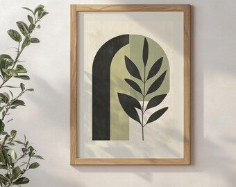 Sage Green Botanical Abstract Wall Art Printable, Minimalist Boho Arch Leaf Design