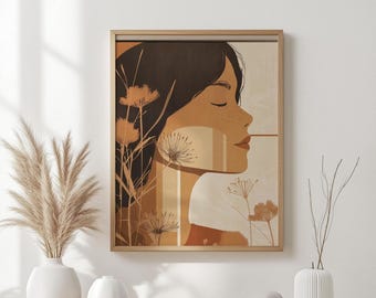 Op de afbeelding: Een ingelijste kunstdruk met een profiel van een vrouw in bruin- en beigetinten. Het kunstwerk bevat bloemmotieven en wordt tentoongesteld aan een muur boven een houten oppervlak met vazen.