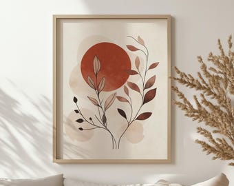 Minimalist Terracotta Botanical Print – Abstract Plant Wall Art – Neutral Boho Decor for Living Room