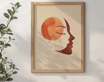 Op de afbeelding: Een ingelijste kunstdruk met een minimalistisch ontwerp van een gezichtsprofiel en een cirkelvorm in tinten oranje en bruin. Het kunstwerk staat tegen een beige achtergrond en is ingelijst in een licht houten frame. Het kunstwerk is een wanddecoratie.
