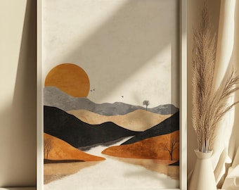 Minimalist Terracotta Landscape Print, Modern Sun and Mountains Wall Art, Scandinavian, Boho