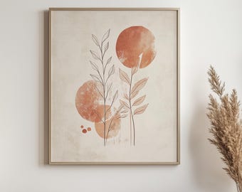 Op de afbeelding: Ingelijste kunstdruk met een minimalistisch botanisch ontwerp. Het kunstwerk toont gestileerde plantenstengels en bladeren met roestkleurige cirkelvormige accenten tegen een beige achtergrond. De lijst heeft een lichte houtkleur en voegt een natuurlijk tintje toe.