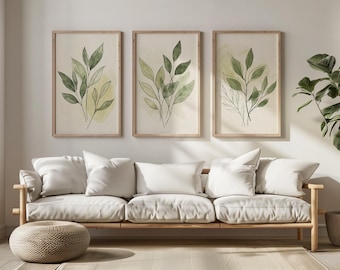 Sage Green Botanical Wall Art Set of 3 – Minimalist Leaf Prints, Scandinavian Boho Decor