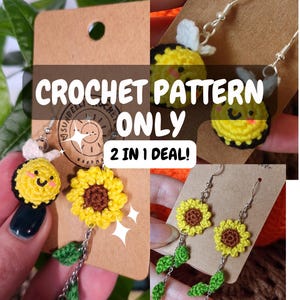 Sunflower and Bee PDF Crochet Pattern, 2 in one pattern, easy mini pattern, micro crochet, crochet earring pattern, summer, spring pattern