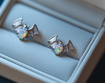 Bat Opal Earrings, Fire Opal Halloween Stud Earrings, Halloween Opal Jewelry Rose Gold Silver Stud Earrings, Animal Earrings, Goth, Vampire