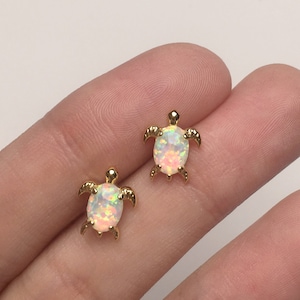 Turtle Opal Stud Earrings Blixore, Fire Opal Earrings, White Opal Gemstone Jewelry in Gold, Gift for Her, Fun & Cute Earrings, E001 image 1