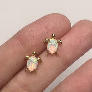 Turtle Opal Stud Earrings Blixore, Fire Opal Earrings, White Opal Gemstone Jewelry in Gold, Gift for Her, Fun & Cute Earrings, E001 image 1