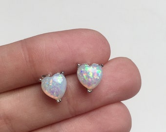 Opal Heart Stud Earrings Blixore, Fire Opal Earrings, White Opal Gemstone Jewelry, Gift for Her, Birthday Gift, Engagement, E011