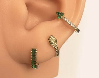 Emerald Snake Earring Minimalist Set Blixore, Huggie Earrings, Dainty Hoop Earrings, Trendy Gemstone Jewelry, Green Everyday Wear, E010