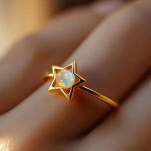 Star Opal Ring White Fire Opal Adjustable Ring Minimalist Geometric Stacking Ring Rose Gold Silver Celestial Space Boho Jewelry Gift for Her