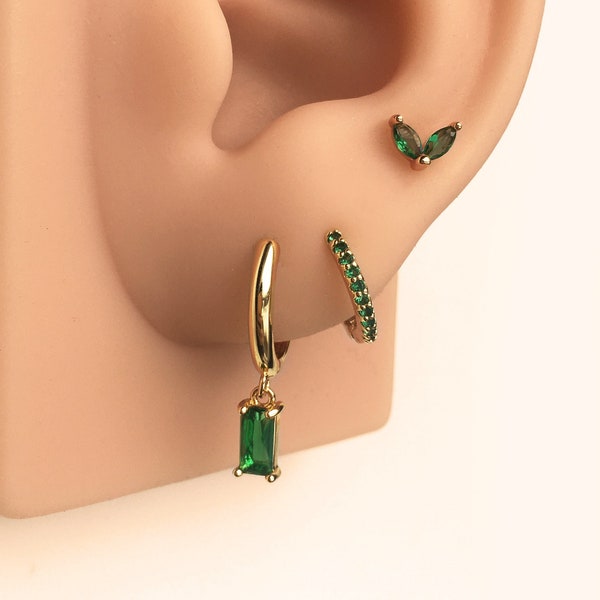 Emerald Earring Minimalist Set Blixore, Huggie Earrings, Dainty Drop Hoop Earrings, Trendy Gemstone Jewelry, Green Everyday Wear, Stud, E021