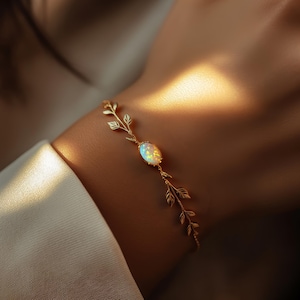 Leaf Opal Bracelet, Fire Opal Bracelet, White Opal Bracelet, Minimalist Bracelet, Bridesmaids Gift, Opal Jewelry, Bridal Bracelet Birthstone