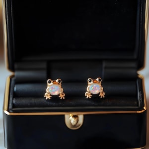 Frog Opal Stud Earrings, Tiny Frog, Opal Earrings, Animal Earrings, Rose Gold Silver Stud Earrings, White Fire Opal Nature Animal Lover Gift