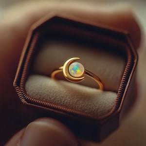Puede incluir: Un anillo de oro con un diseño de media luna y una piedra de ópalo blanco. El anillo está en una caja de anillo de terciopelo marrón.