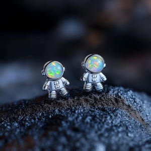 Astronaut Stud Earrings, White Opal Earrings, Space Celestial Earrings, Fire Opal Gemstone Jewelry, Fun & Cute Earrings, Sister Gift for Her