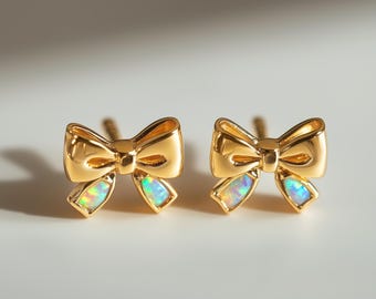 Ribbon Opal Earrings, Fire Opal Stud Earrings, Coquette Bow Earrings, Opal Jewelry Rose Gold Silver Stud Earrings, Christmas Gift for Her