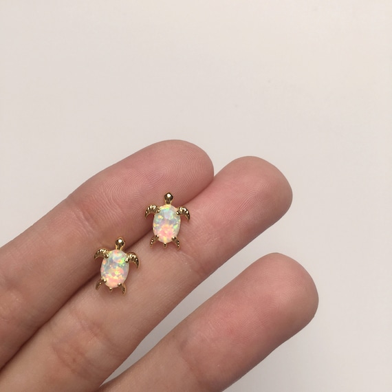 Turtle Opal Stud Earrings Blixore, Fire Opal Earrings, White Opal Gemstone Jewelry in Gold, Gift for Her, Fun & Cute Earrings, Sea Turtle