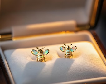 Bee Opal Stud Earrings, Honey Bee Earrings, Tiny Bumblebee Opal Earrings, Animal Earrings, Rose Gold Silver Studs, White Fire Opal Insect