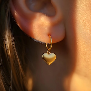 Heart Dangle Huggie Hoop Earrings, Puff Heart Earrings, Heart Charm Earrings, Coquette Jewelry, Minimalist Drop Earrings, Anniversary Gift