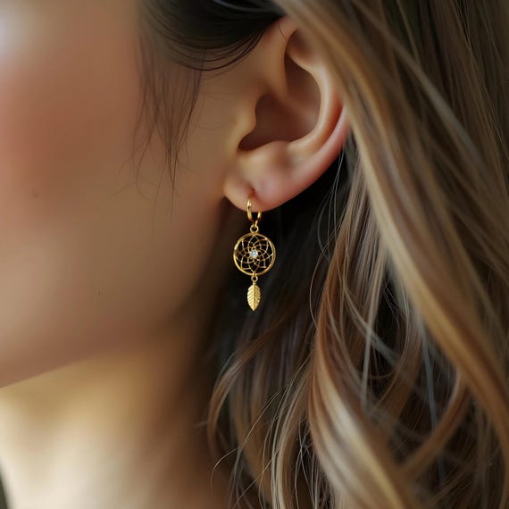 Dreamcatcher CZ Huggie Hoop Earrings, Silver Gold Rose Gold, Boho Dangle Earrings with Feather, Birthday Gift Mother's day Gift Grandma Gift