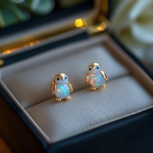 Penguin Opal Stud Earrings, Tiny Penguin Opal Earrings, Animal Earrings Rose Gold Silver Stud Earrings White Fire Opal Nature Christmas Gift
