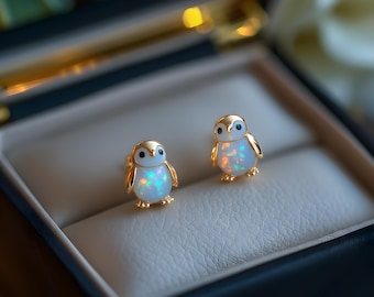 Pendientes de ópalo de pingüino, Pendientes de ópalo de pingüino pequeño, Pendientes de animales, Pendientes de oro rosa y plata, Pendientes de ópalo de fuego blanco, Regalo de Navidad inspirado en la naturaleza