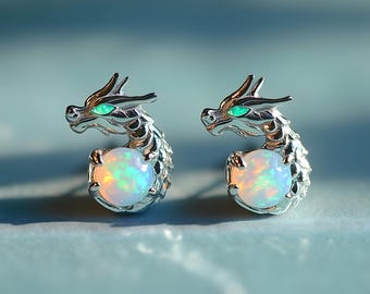 Opal Dragon Stud Earrings, Gothic Opal Earrings, October Birthstone, Rose Gold Silver Studs, White Fire Opal, Fantasy Jewelry Gift for Her