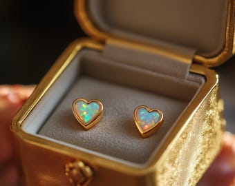 Minimalist Heart Opal Stud Earrings, October Birthstone White Fire Opal Simple Geometric Gemstone Anniversary Birthday Gift For Her Mom Gift