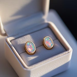 Minimalist Oval Opal Stud Earrings, Rose Gold Silver Stud Earrings White Opal Gemstone Simple Geometric Jewellery Fire Opal Mothers Day Gift